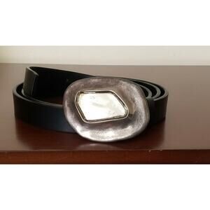 UNOde50 Black Calf Leather Belt Chunky Silver Plated Organic Abstract Buckle 38